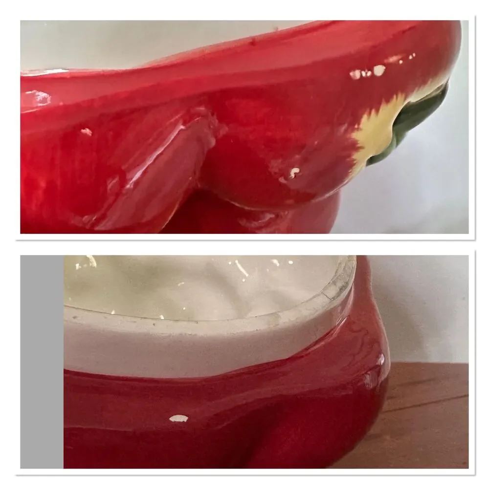 Vintage Big Apple Basket Ceramic Cookie Jar 3D Red Fruit Figural Canister READ